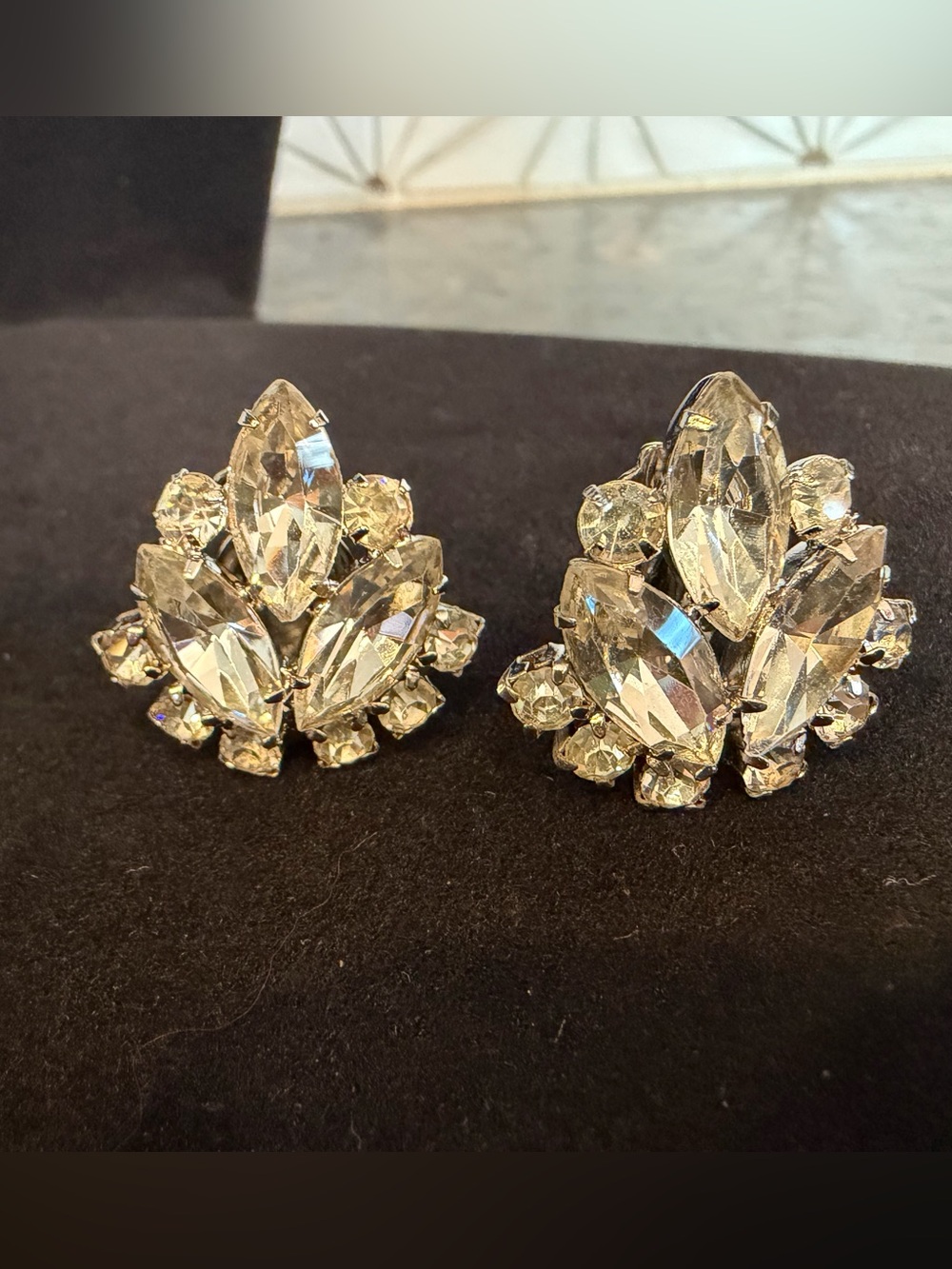 Vintage Rhinestone Clip On Earrings Marquise Statement Earrings Silver Bridal